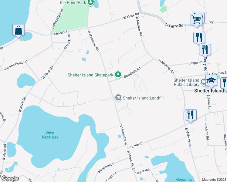 map of restaurants, bars, coffee shops, grocery stores, and more near 44 North Menantic Road in Shelter Island