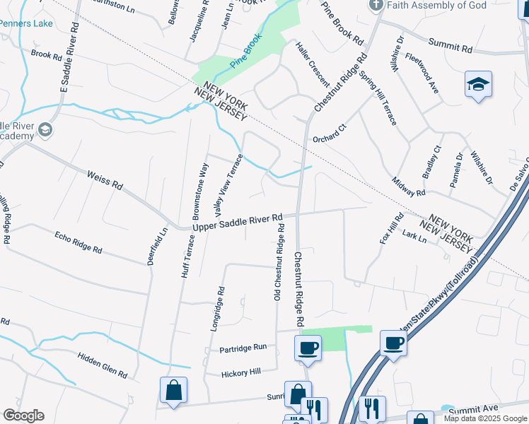 map of restaurants, bars, coffee shops, grocery stores, and more near 84 Valley View Terrace in Montvale