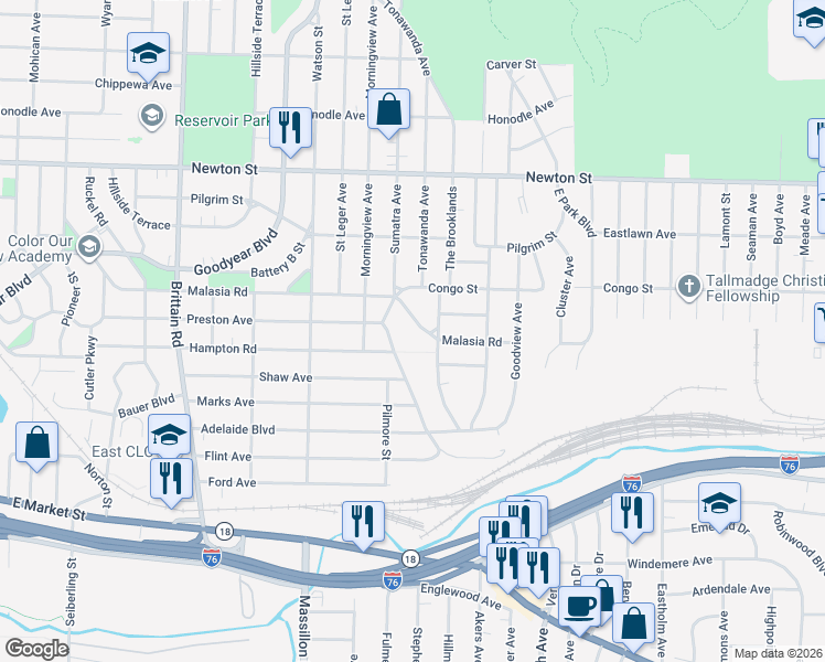 map of restaurants, bars, coffee shops, grocery stores, and more near 1804 Malasia Road in Akron