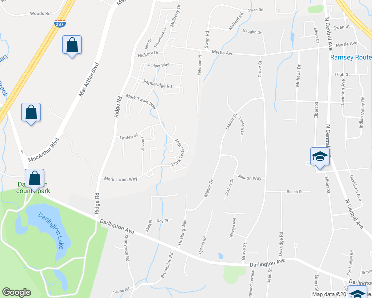 map of restaurants, bars, coffee shops, grocery stores, and more near 3006 Stowe Lane in Mahwah