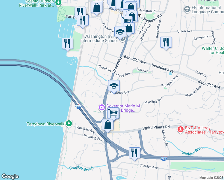 map of restaurants, bars, coffee shops, grocery stores, and more near 240 South Broadway in Tarrytown