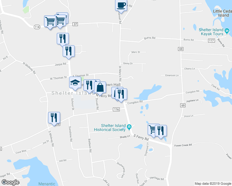 map of restaurants, bars, coffee shops, grocery stores, and more near 12 North Ferry Road in Shelter Island