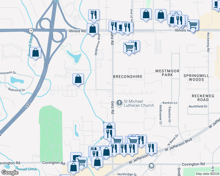 map of restaurants, bars, coffee shops, grocery stores, and more near 1834 Getz Road in Fort Wayne