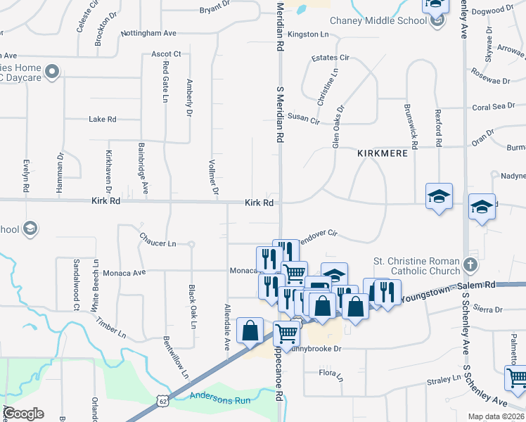 map of restaurants, bars, coffee shops, grocery stores, and more near 3609 Kirk Road in Youngstown
