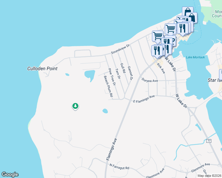 map of restaurants, bars, coffee shops, grocery stores, and more near 65 Pine Tree Drive in Montauk