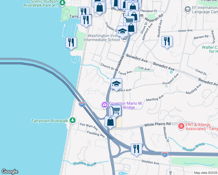 map of restaurants, bars, coffee shops, grocery stores, and more near 279 Broadway in Tarrytown
