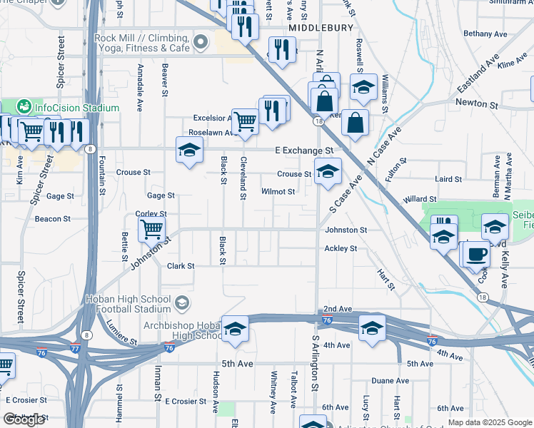 map of restaurants, bars, coffee shops, grocery stores, and more near 1004 Boone Street in Akron