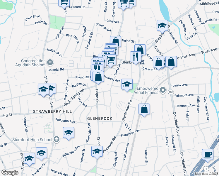 map of restaurants, bars, coffee shops, grocery stores, and more near 54 Morris Street in Stamford