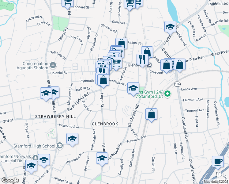 map of restaurants, bars, coffee shops, grocery stores, and more near 54 Morris Street in Stamford