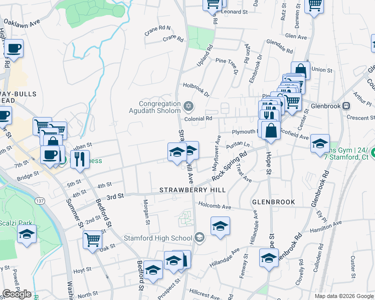 map of restaurants, bars, coffee shops, grocery stores, and more near 237 Strawberry Hill Avenue in Stamford