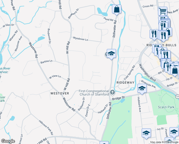 map of restaurants, bars, coffee shops, grocery stores, and more near 51 West Rock Trail in Stamford