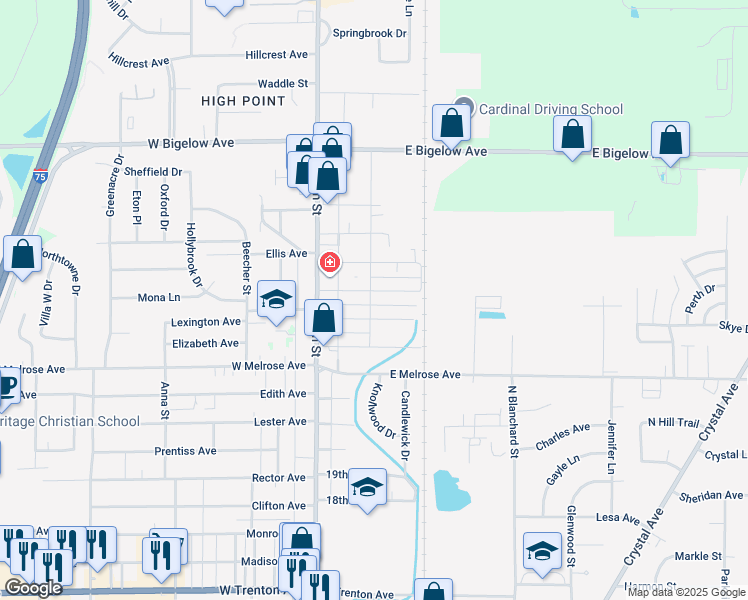map of restaurants, bars, coffee shops, grocery stores, and more near 1 France Street in Findlay