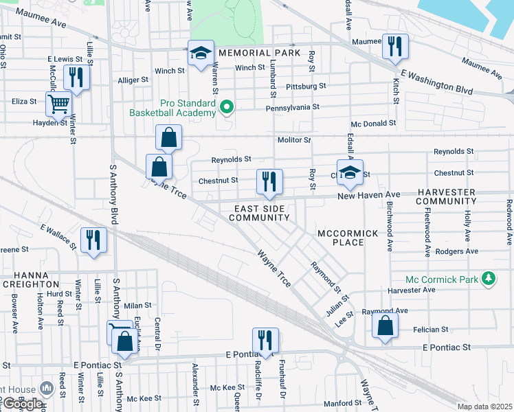 map of restaurants, bars, coffee shops, grocery stores, and more near in Fort Wayne