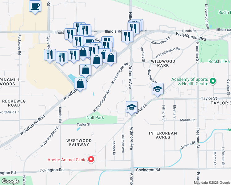 map of restaurants, bars, coffee shops, grocery stores, and more near 4001 North Washington Road in Fort Wayne