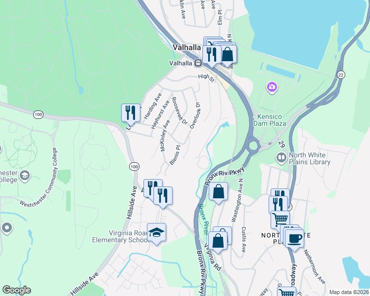 map of restaurants, bars, coffee shops, grocery stores, and more near 70 Wilson Avenue in Valhalla