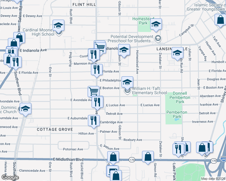 map of restaurants, bars, coffee shops, grocery stores, and more near 542 East Boston Avenue in Youngstown