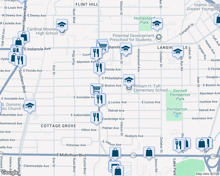 map of restaurants, bars, coffee shops, grocery stores, and more near 542 East Boston Avenue in Youngstown
