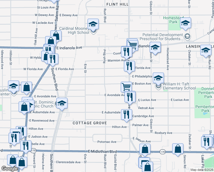 map of restaurants, bars, coffee shops, grocery stores, and more near 326 East Boston Avenue in Youngstown