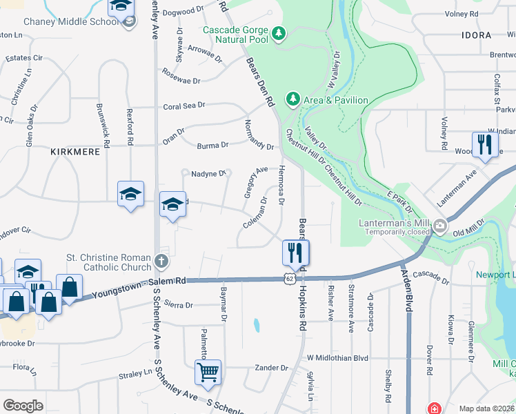 map of restaurants, bars, coffee shops, grocery stores, and more near 2189 Gregory Avenue in Youngstown