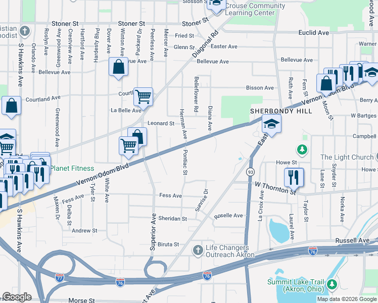 map of restaurants, bars, coffee shops, grocery stores, and more near 924 Vernon Odom Boulevard in Akron