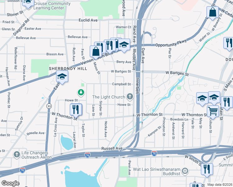 map of restaurants, bars, coffee shops, grocery stores, and more near 940 Raymond Street in Akron