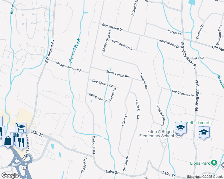 map of restaurants, bars, coffee shops, grocery stores, and more near 57 Clover Lane in Upper Saddle River