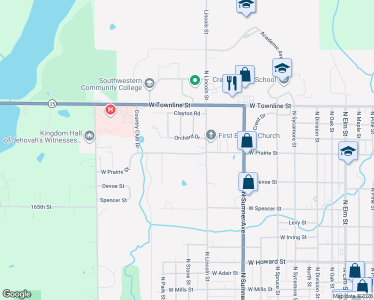 map of restaurants, bars, coffee shops, grocery stores, and more near 1101-1299 West Prairie Street in Creston