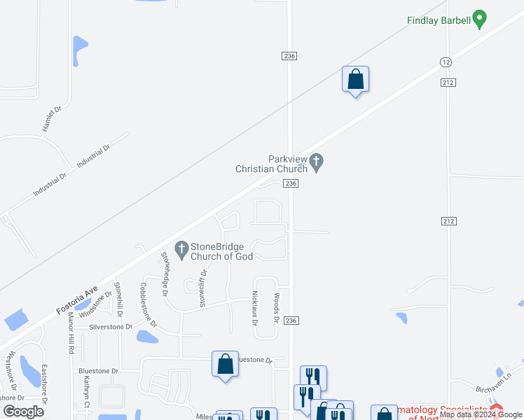 map of restaurants, bars, coffee shops, grocery stores, and more near 2117 Juno Drive in Findlay