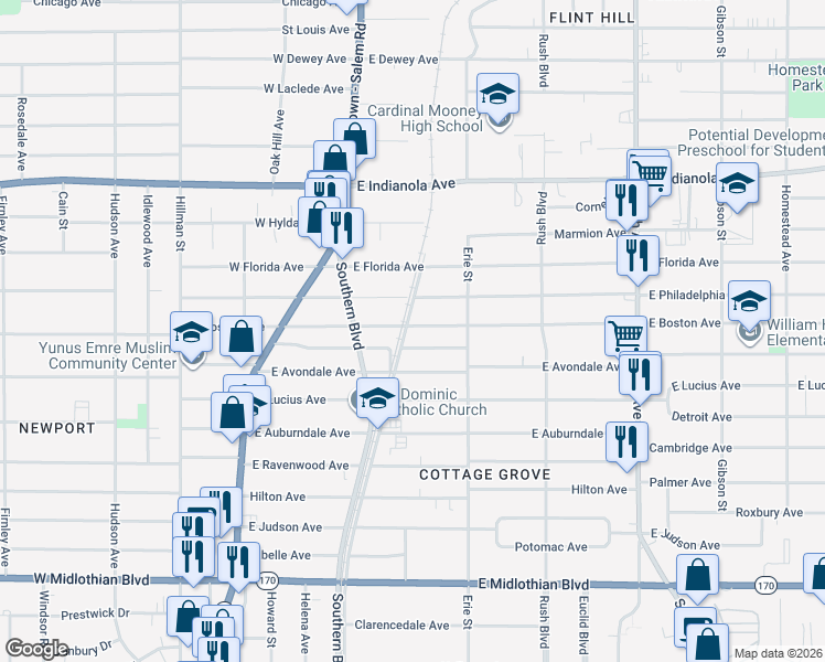 map of restaurants, bars, coffee shops, grocery stores, and more near 104 East Boston Avenue in Youngstown