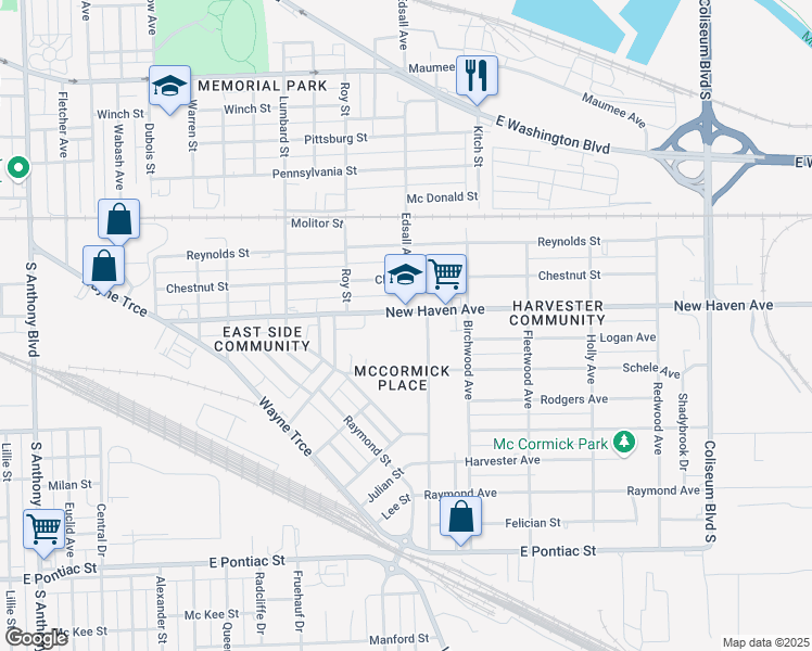 map of restaurants, bars, coffee shops, grocery stores, and more near 3000 New Haven Avenue in Fort Wayne