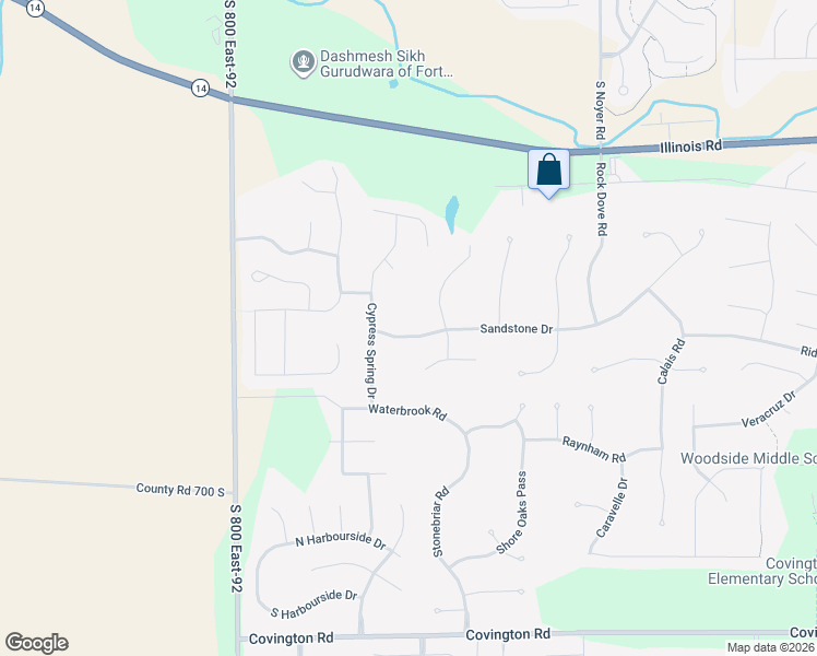 map of restaurants, bars, coffee shops, grocery stores, and more near 14828 Sandstone Drive in Fort Wayne