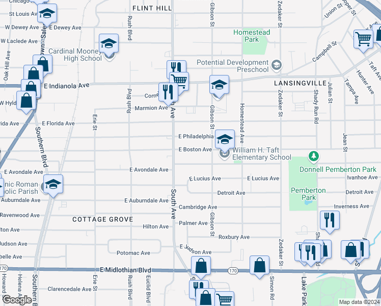 map of restaurants, bars, coffee shops, grocery stores, and more near 537 East Boston Avenue in Youngstown