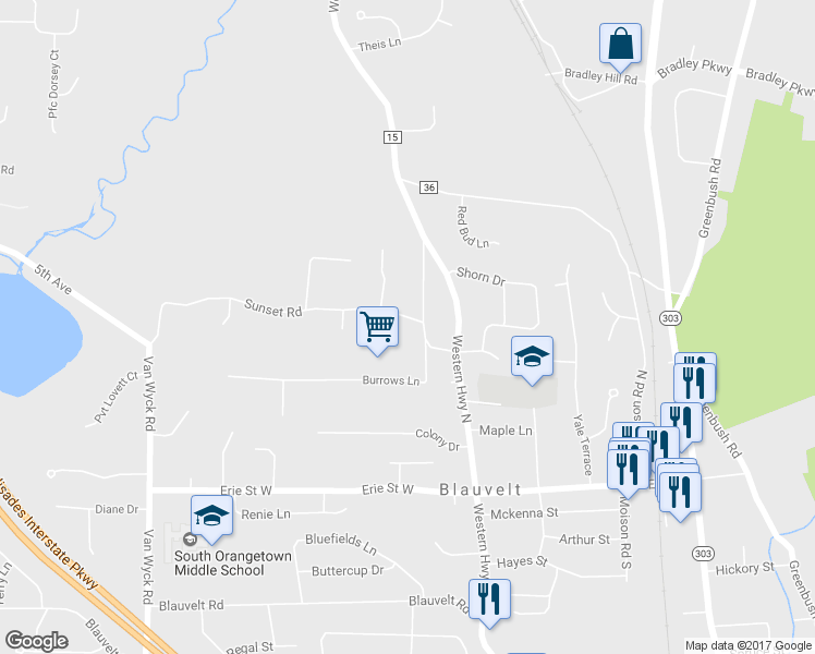 map of restaurants, bars, coffee shops, grocery stores, and more near 11 Sunset Road in Blauvelt