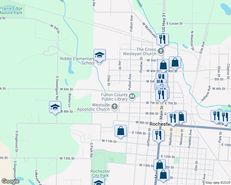 map of restaurants, bars, coffee shops, grocery stores, and more near 500-598 West 6th Street in Rochester