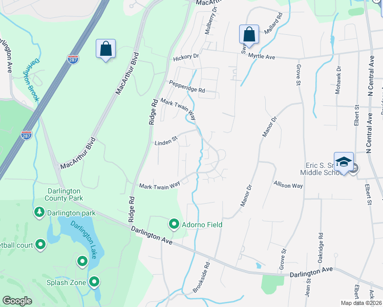 map of restaurants, bars, coffee shops, grocery stores, and more near 1419 Faulkner Court in Mahwah