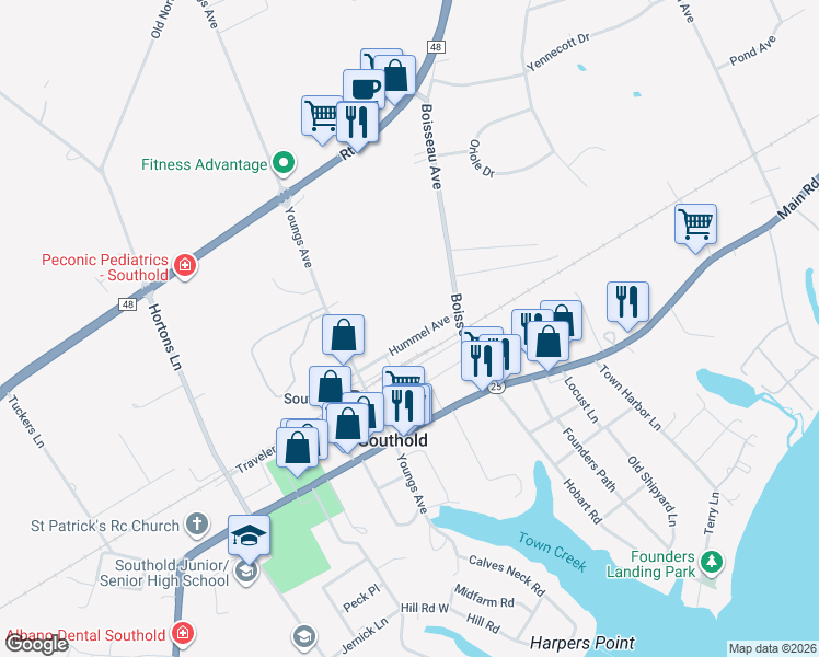 map of restaurants, bars, coffee shops, grocery stores, and more near 685 Hummel Avenue in Southold