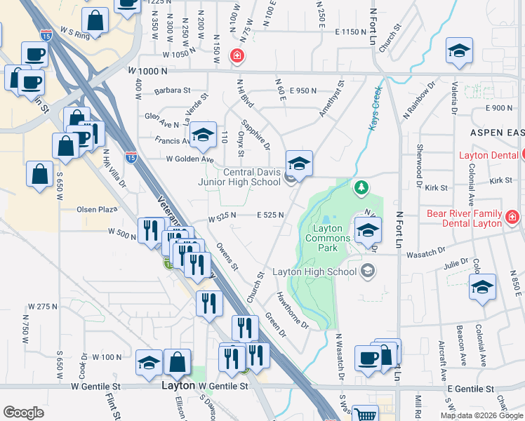 map of restaurants, bars, coffee shops, grocery stores, and more near 37 East 525 North in Layton