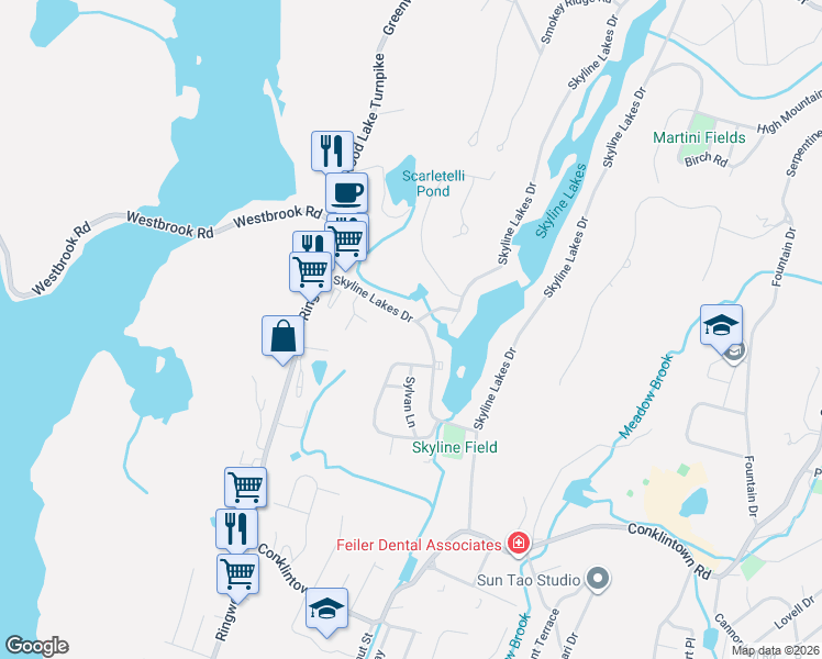 map of restaurants, bars, coffee shops, grocery stores, and more near 49 Skyline Lakes Drive in Ringwood