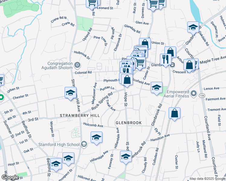 map of restaurants, bars, coffee shops, grocery stores, and more near 130 Rock Spring Road in Stamford