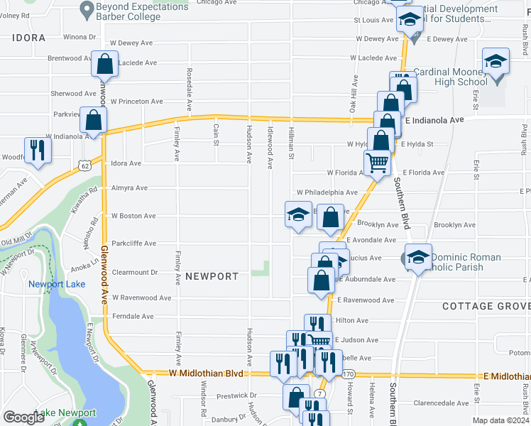 map of restaurants, bars, coffee shops, grocery stores, and more near 3036 Idlewood Avenue in Youngstown
