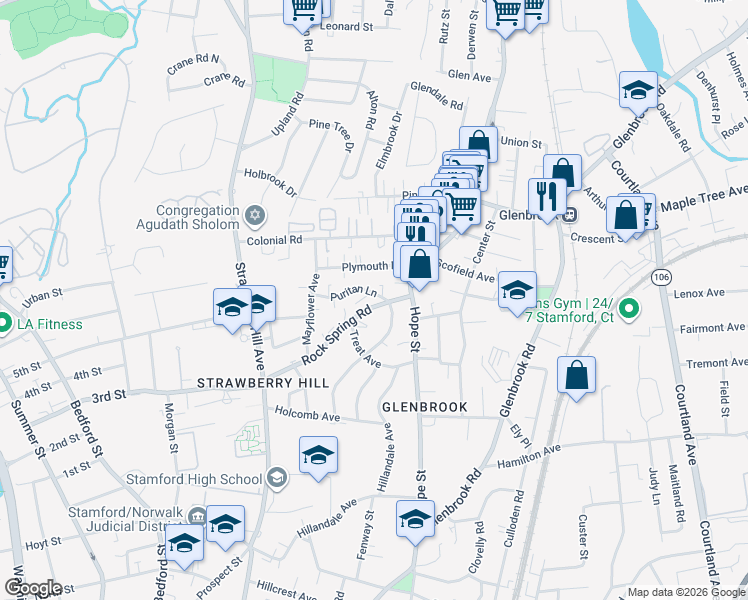 map of restaurants, bars, coffee shops, grocery stores, and more near 130 Rock Spring Road in Stamford