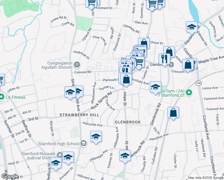 map of restaurants, bars, coffee shops, grocery stores, and more near 130 Rock Spring Road in Stamford