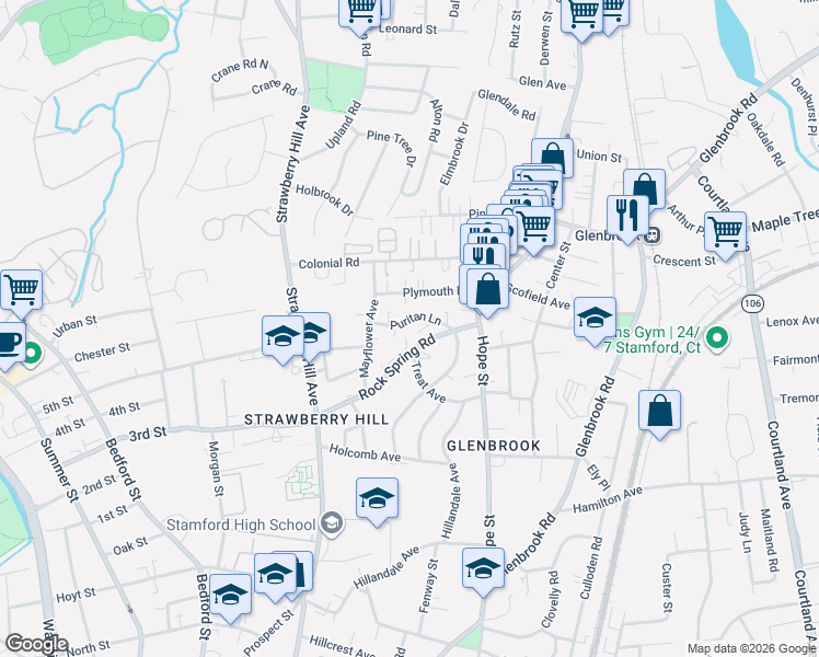 map of restaurants, bars, coffee shops, grocery stores, and more near 55 Puritan Lane in Stamford