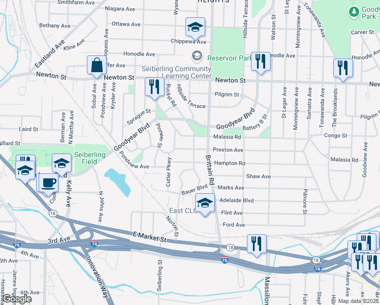 map of restaurants, bars, coffee shops, grocery stores, and more near 1500 Preston Avenue in Akron