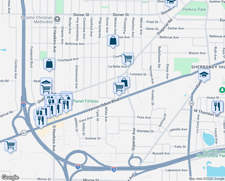 map of restaurants, bars, coffee shops, grocery stores, and more near 1341 Winton Avenue in Akron