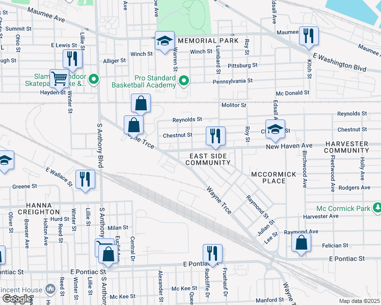 map of restaurants, bars, coffee shops, grocery stores, and more near 2315 New Haven Avenue in Fort Wayne