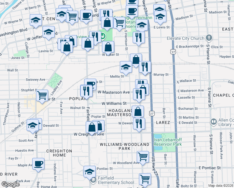 map of restaurants, bars, coffee shops, grocery stores, and more near 316 West Masterson Avenue in Fort Wayne