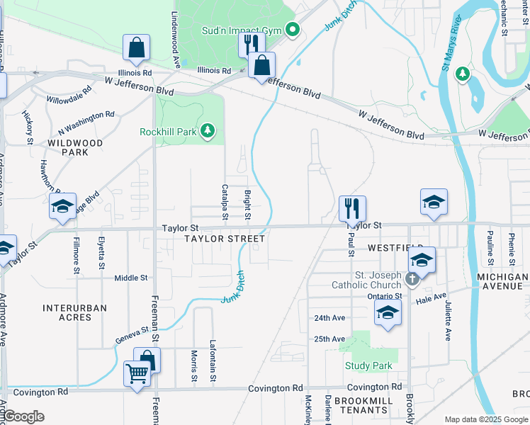 map of restaurants, bars, coffee shops, grocery stores, and more near 2629 Culbertson Street in Fort Wayne