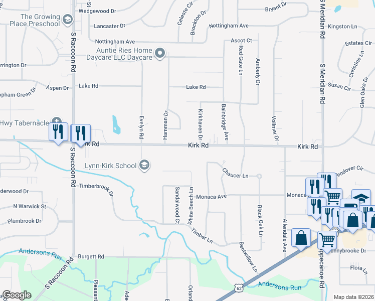 map of restaurants, bars, coffee shops, grocery stores, and more near 4055 Kirk Road in Youngstown