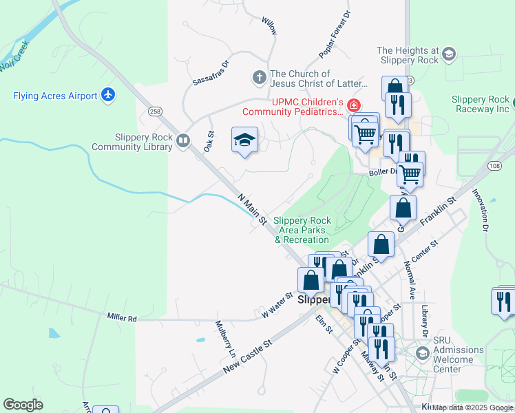 map of restaurants, bars, coffee shops, grocery stores, and more near 404 North Main Street in Slippery Rock